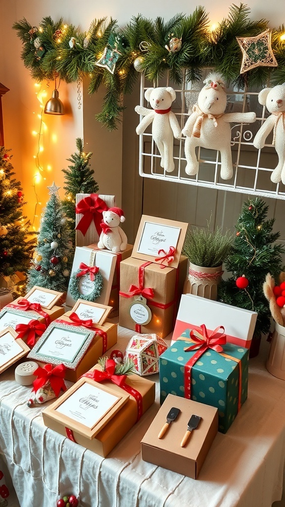 A festive arrangement of unique Christmas gifts on a decorated table.